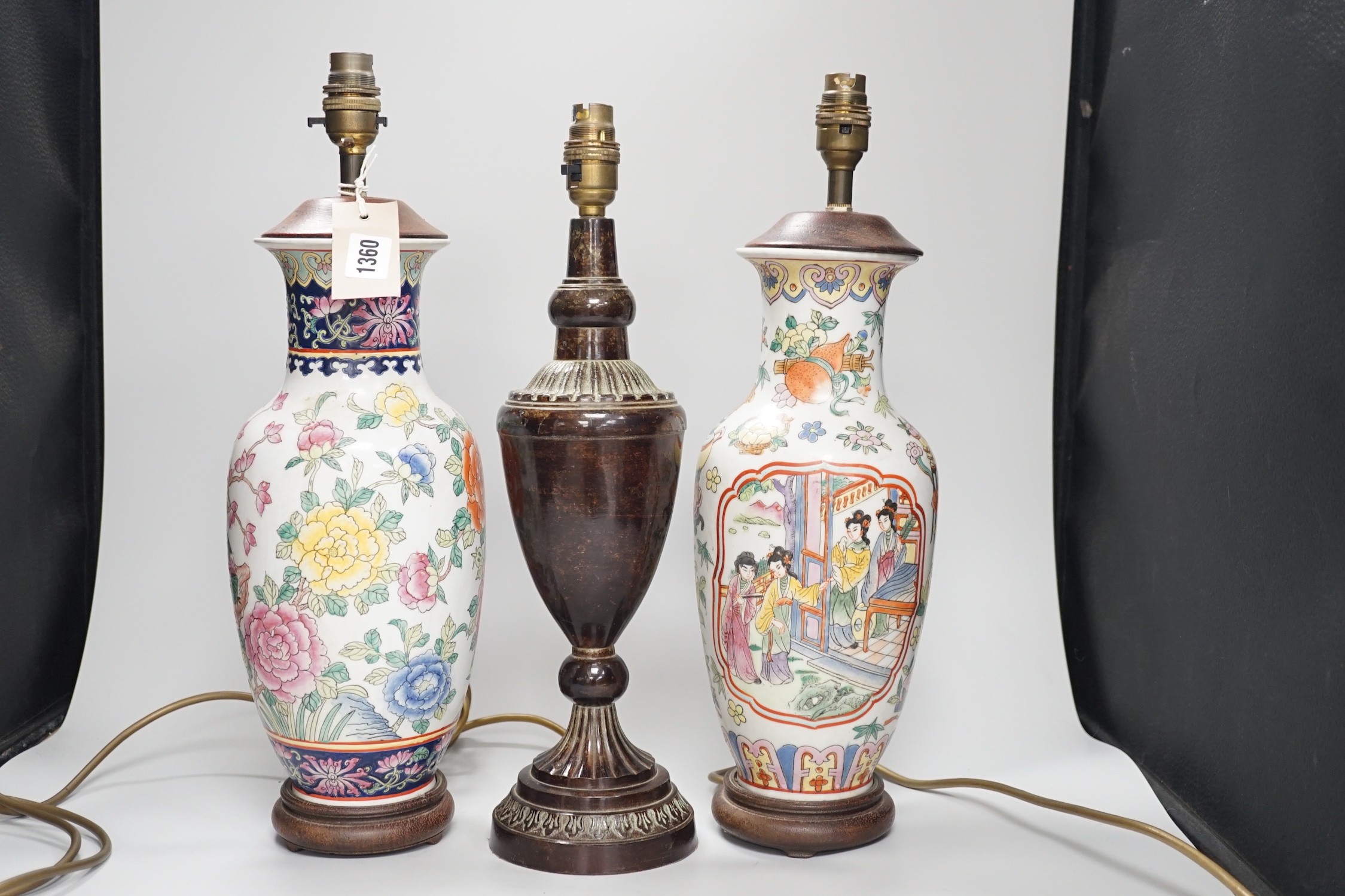 Two Chinese famille rose table lamps and one other